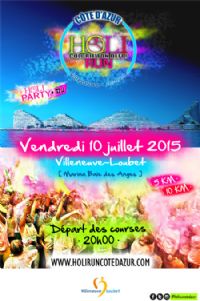 Holi Run Côte d'Azur. Le vendredi 10 juillet 2015 à Villeneuve-Loubet. Alpes-Maritimes.  20H00